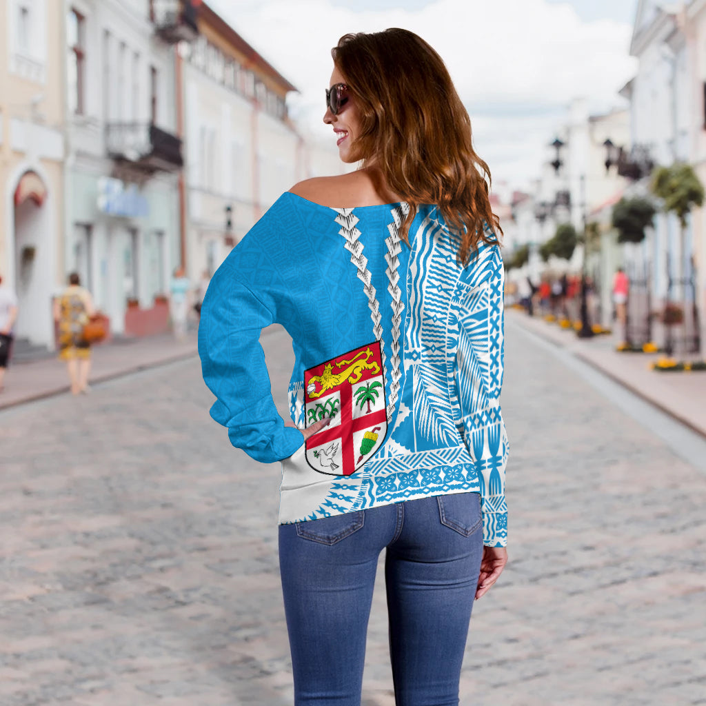 Fiji Off Shoulder Sweater Masi Tapa Patterns Blue Style LT6 - Polynesian Pride