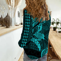 Hawaii Women Casual Shirt Shark and Turtle Mix Kakau Turquoise LT9 - Polynesian Pride
