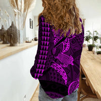 Hawaii Women Casual Shirt Shark and Turtle Mix Kakau Purple LT9 - Polynesian Pride