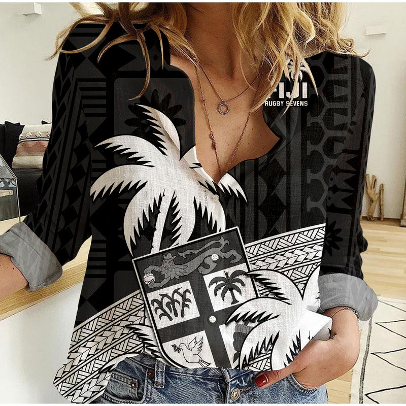 (Custom Text And Number) Fiji Rugby Sevens Women Casual Shirt Tapa Palm Tree and Fijian Coat of Arms LT9 Female Blue - Polynesian Pride