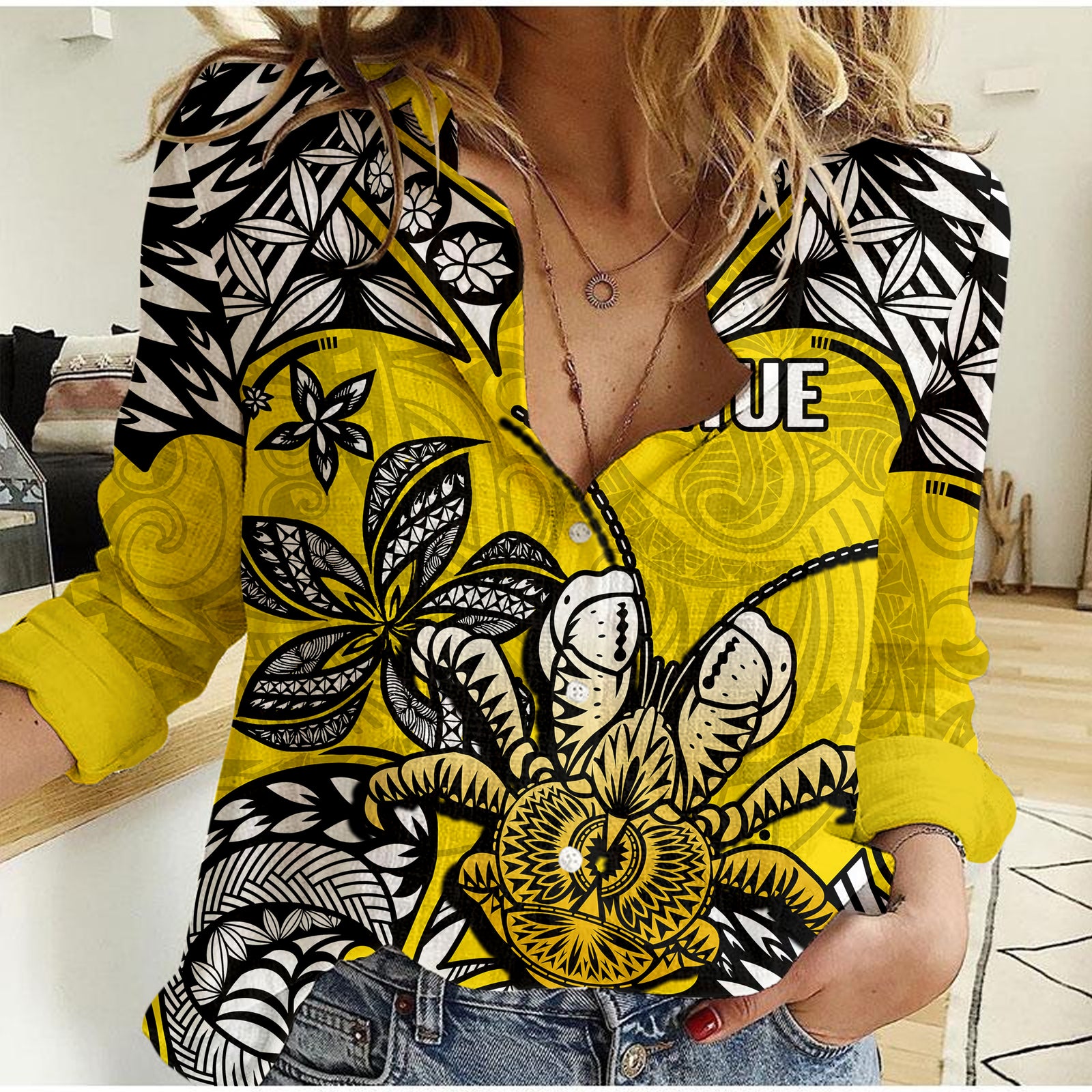 Niue Uga Casual Shirt Tribal Patterns Yellow Style LT6 Female Yellow - Polynesian Pride