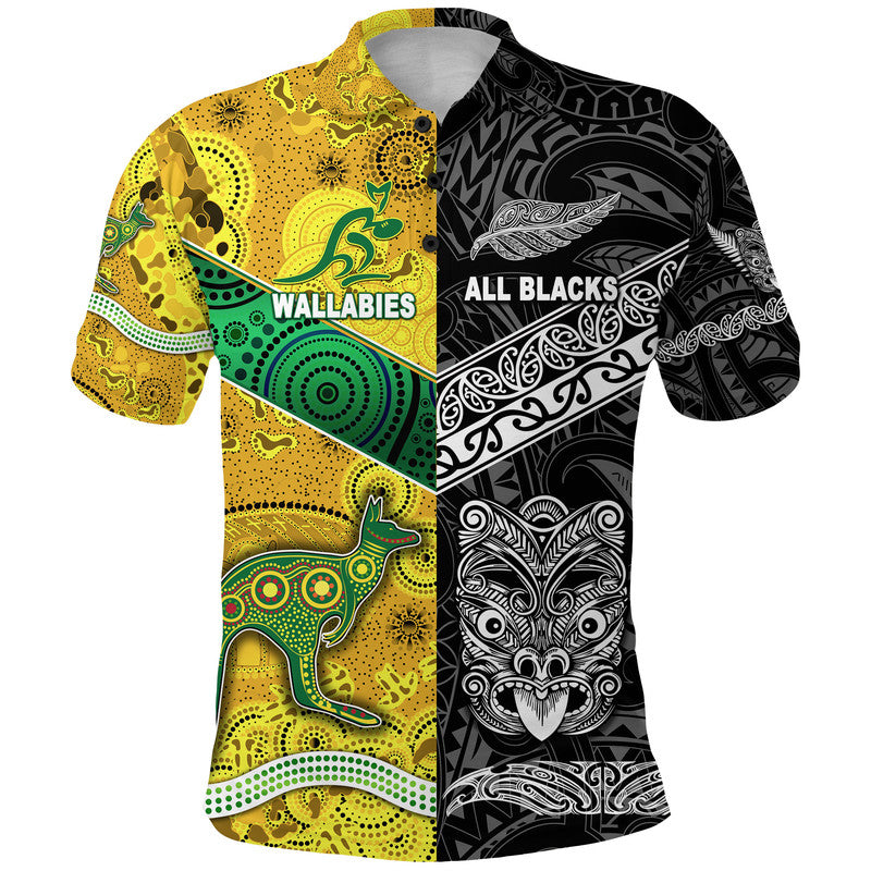 Custom New Zealand Australia Rugby Polo Shirt Maori All Black and Aboriginal Wallabies Together LT8 Kid - Polynesian Pride