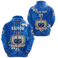 Custom Manu Samoa Rugby Zip Hoodie Unique Vibes Coat of Arms Full Blue, Custom Text and Number Unisex Blue - Polynesian Pride