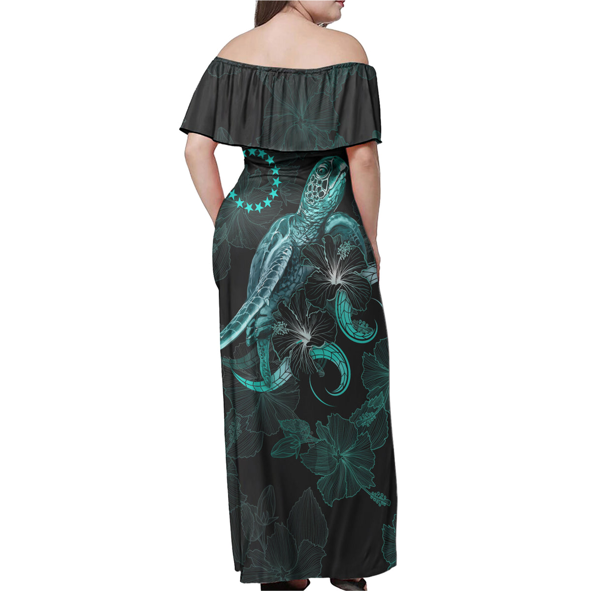 Cook Islands Matching Dress and Hawaiian Shirt Polynesian Turtle with Blooming Hibiscus Turquoise - Polynesian Pride