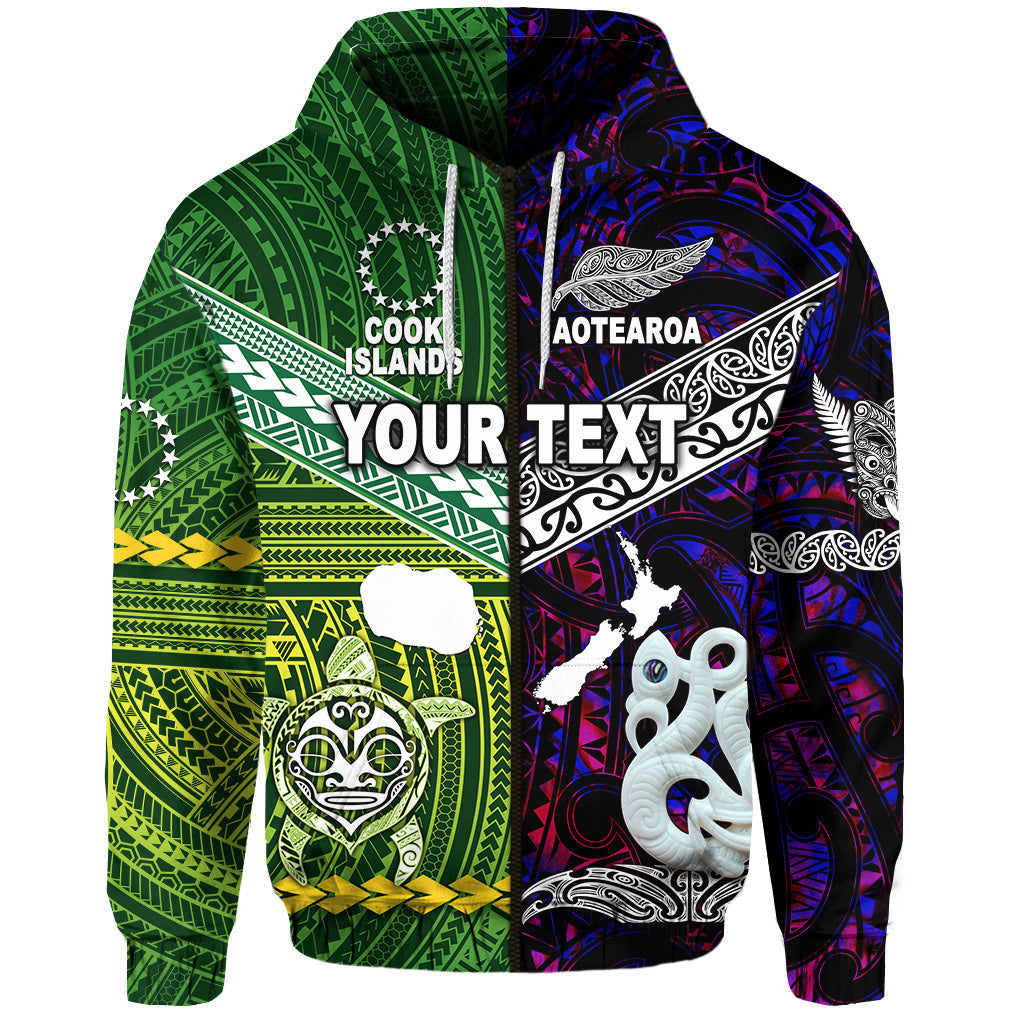 Custom New Zealand Cook Islands Zip Hoodie Maori and Polynesian Together Purple LT8 - Polynesian Pride