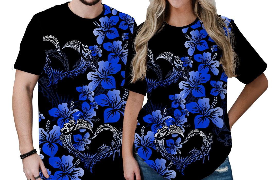 Polynesian Valentine T Shirt Hibiscus Flowers Blue Style LT6 No Men - Polynesian Pride