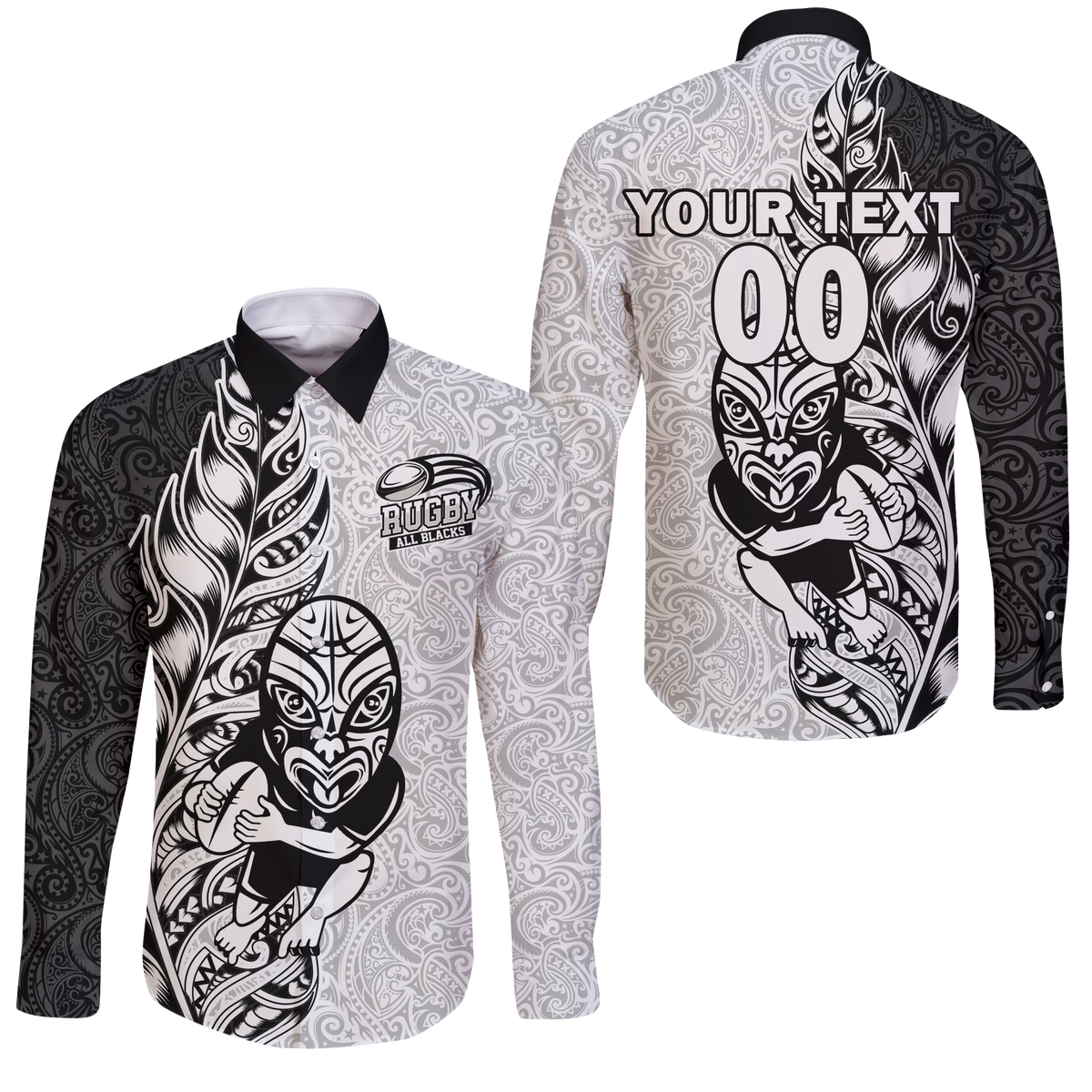 (Custom Personalised) New Zealand Maori All Black Rugby Long Sleeve Button Shirt - LT2 Unisex WHITE - Polynesian Pride