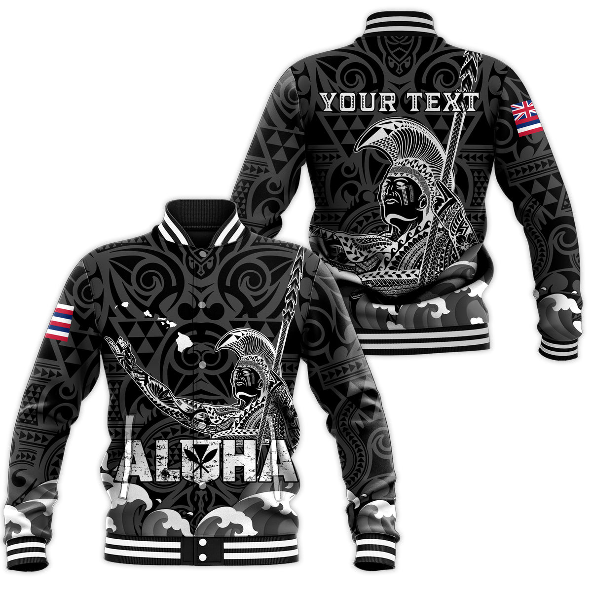 (Custom Personalised) Hawaii King Kamehameha Aloha Hawai'i Nei Baseball Jacket - LT2 Unisex BLACK - Polynesian Pride
