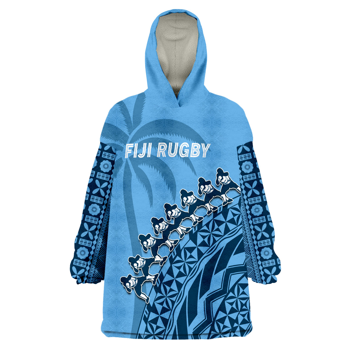 (Custom Text And Number) Fiji Tapa Rugby Fijian Cibi Dance Tapa Pattern Blue Wearable Blanket Hoodie LT14 Unisex One Size - Polynesian Pride