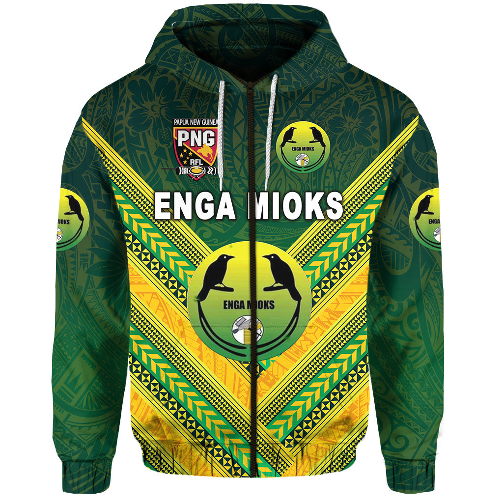 Custom Papua New Guinea Enga Mioks Zip Hoodie Rugby Original Style Green, Custom Text and Number LT8 - Polynesian Pride