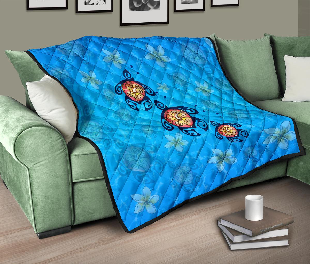 Hawaii Plumeria Turtle In The Ocean Premium Quilt - AH - John Style - Polynesian Pride