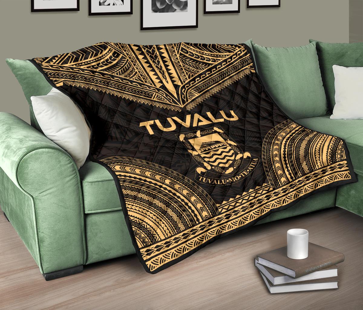 Tuvalu Premium Quilt - Tuvalu Coat Of Arms Polynesian Chief Gold Version - Polynesian Pride