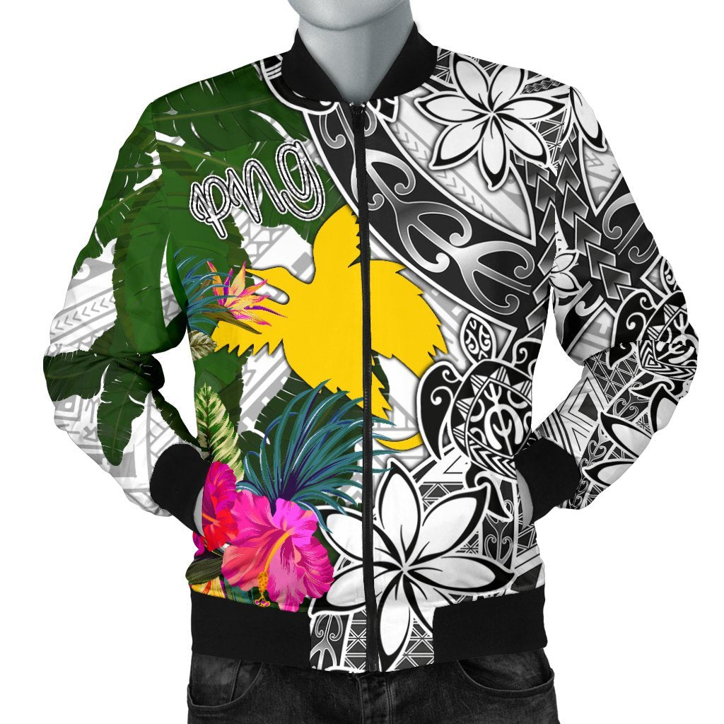 Papua New Guinea Men's Bomber Jacket White - Turtle Plumeria Banana Leaf White - Polynesian Pride