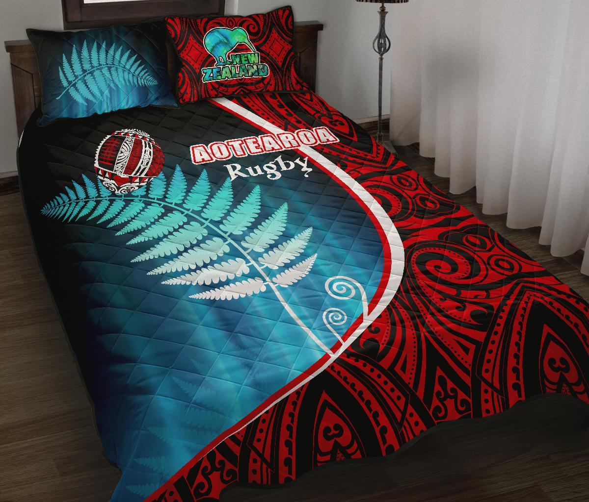 Aotearoa Rugby Black Maori Quilt Bed Set Kiwi And Silver Fern New Zealand - Polynesian Pride
