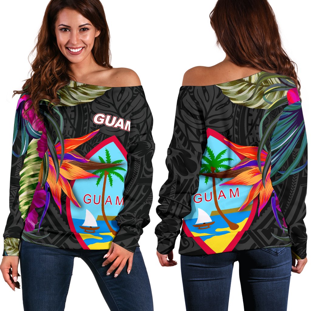 Guam Shoulder Sweater - Hibiscus Polynesian Pattern Black - Polynesian Pride
