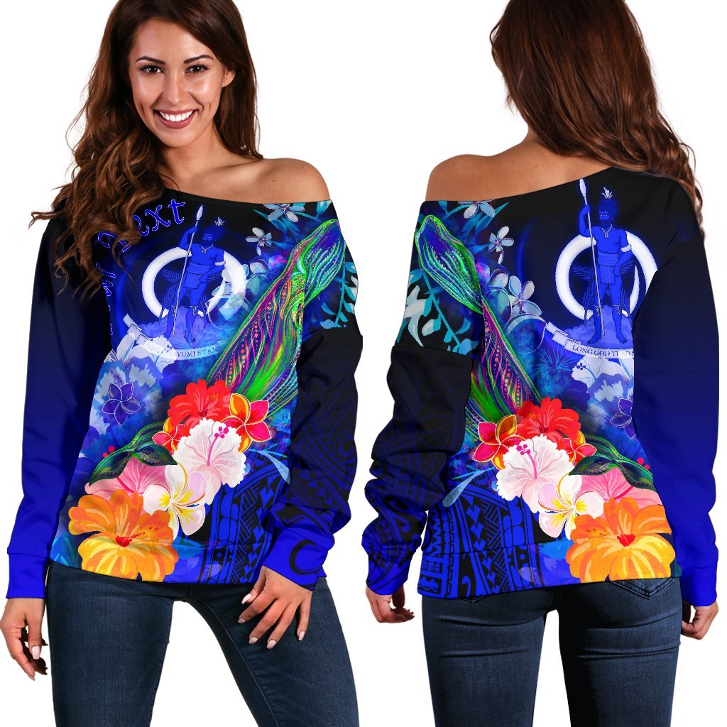 Vanuatu Custom Personalised Women Off - Humpback Whale with Tropical Flowers (Blue) Blue - Polynesian Pride