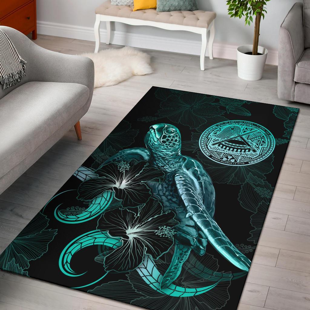 American Samoa Polynesian Area Rugs - Turtle With Blooming Hibiscus Turquoise Turquoise - Polynesian Pride