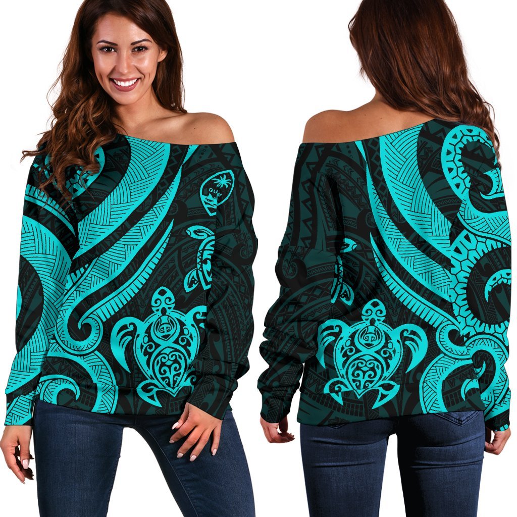 Guam Polynesian Women Of Shoulder Sweater - Turquoise Tentacle Turtle Turquoise - Polynesian Pride