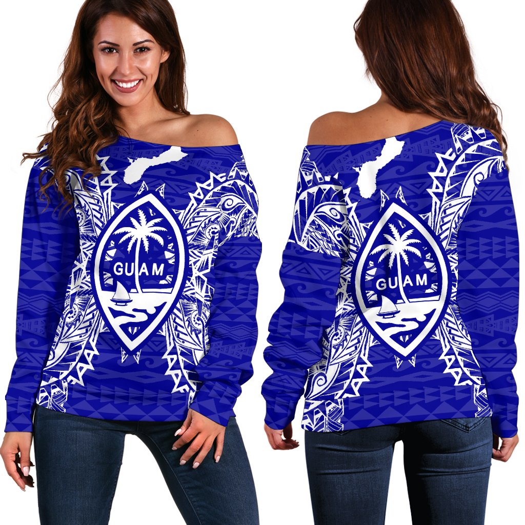 Guam Polynesian Shoulder Sweater Map Blue Blue - Polynesian Pride