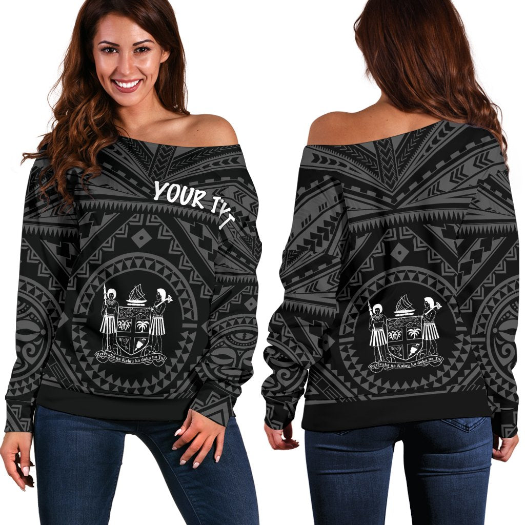 Fiji Personalised Women's Off Shoulfer s - Fiji Seal With Polynesian Tattoo Style ( Black) - Polynesian Pride