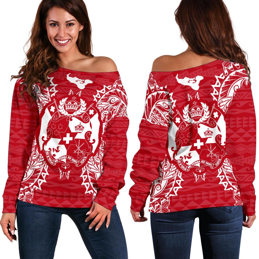 Tonga Polynesian Shoulder Sweater Map Red White Red - Polynesian Pride