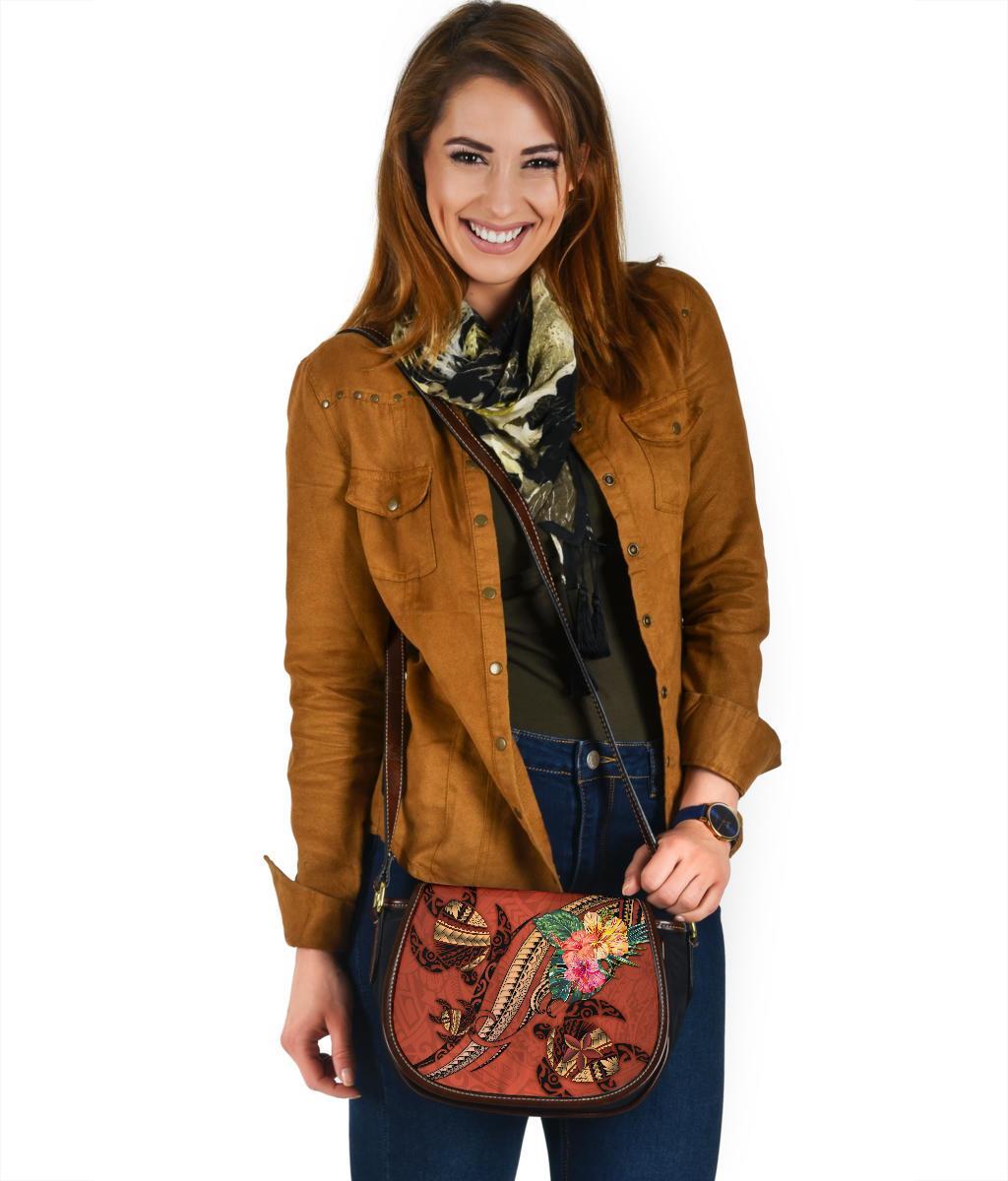 Polynesian Turtle Leather Saddle Bag - Tribal Tattoo with Hibiscus Coral - Polynesian Pride