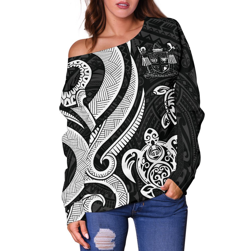 Fiji Polynesian Women Of Shoulder Sweater - White Tentacle Turtle Crest - Polynesian Pride