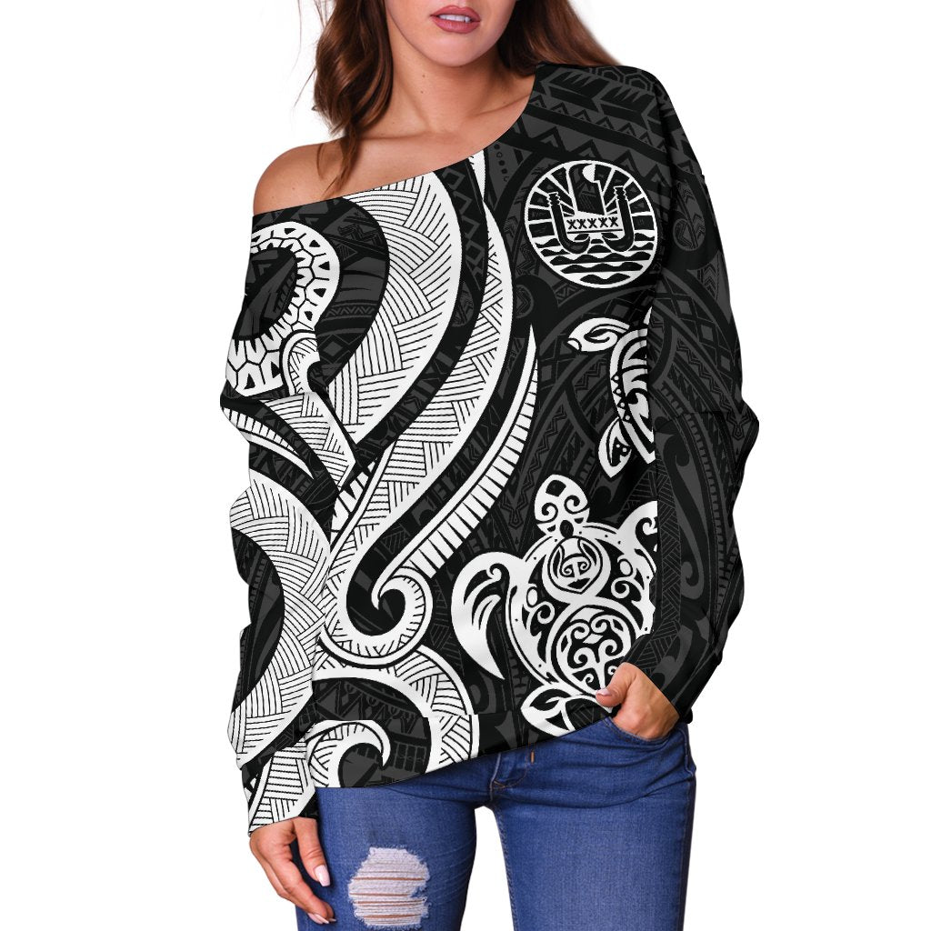 Tahiti Polynesian Women Of Shoulder Sweater - White Tentacle Turtle - Polynesian Pride