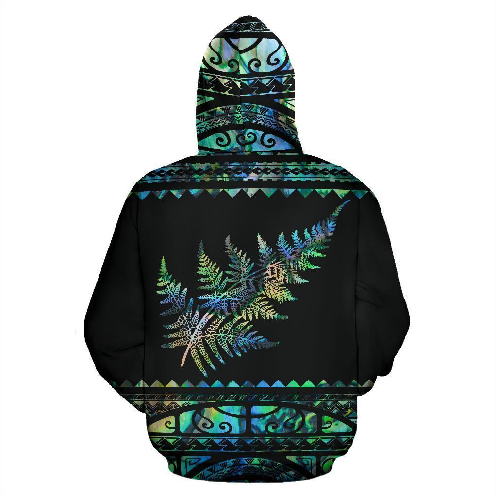 New Zealand Maori Hoodie, Aotearoa Silver Fern Pullover Hoodie Paua Shell - Polynesian Pride