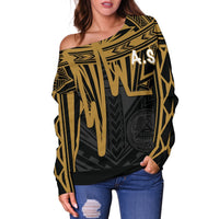 American Samoa Women's Off Should Sweater - Seal With Polynesian Pattern Heartbeat Style (Gold) - Polynesian Pride