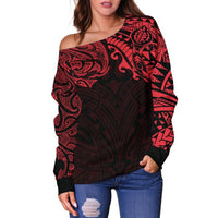 New Zealand Women's Off Shoulder Sweater, Maori Polynesian Tattoo Red - Polynesian Pride