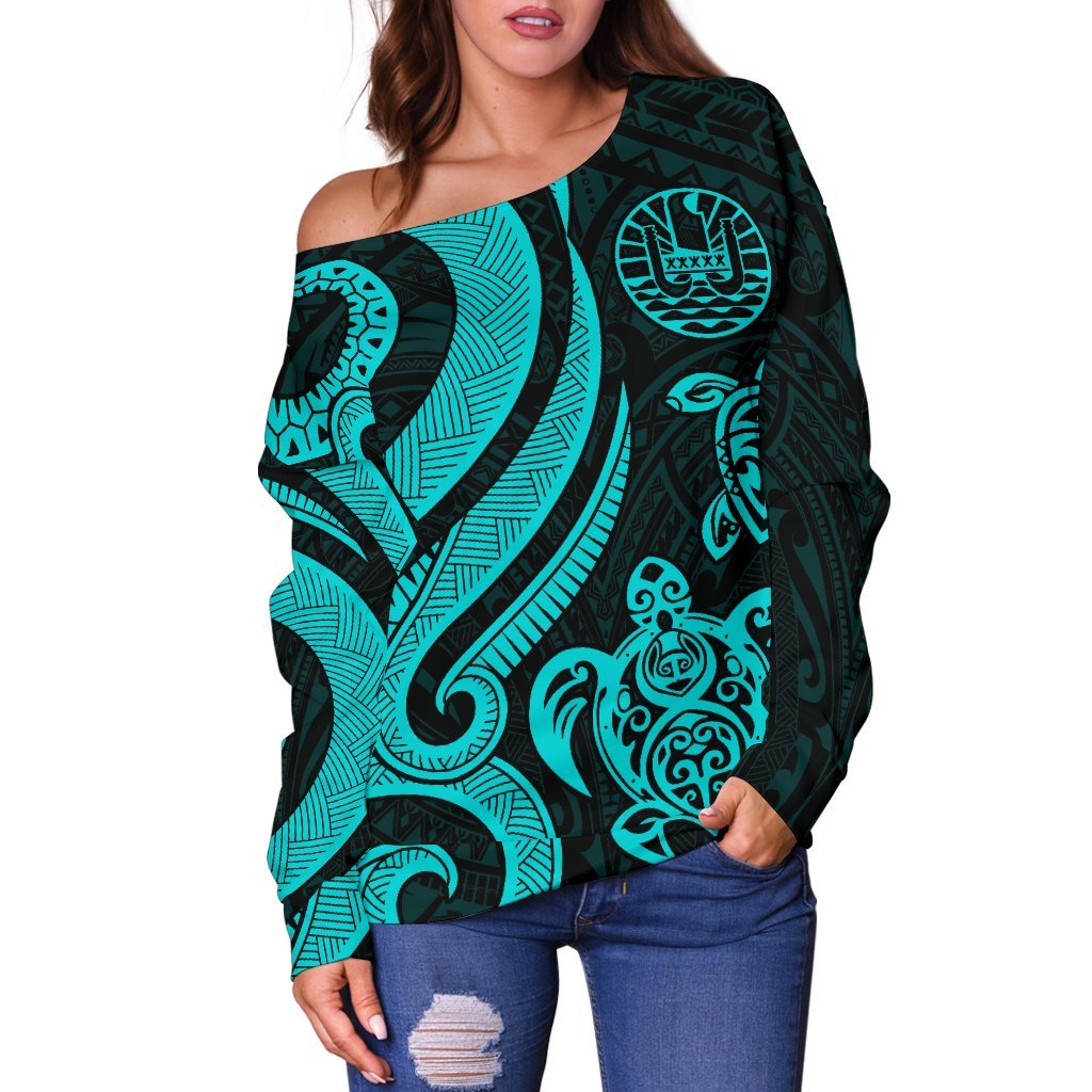 Tahiti Polynesian Women Of Shoulder Sweater - Turquoise Tentacle Turtle - Polynesian Pride