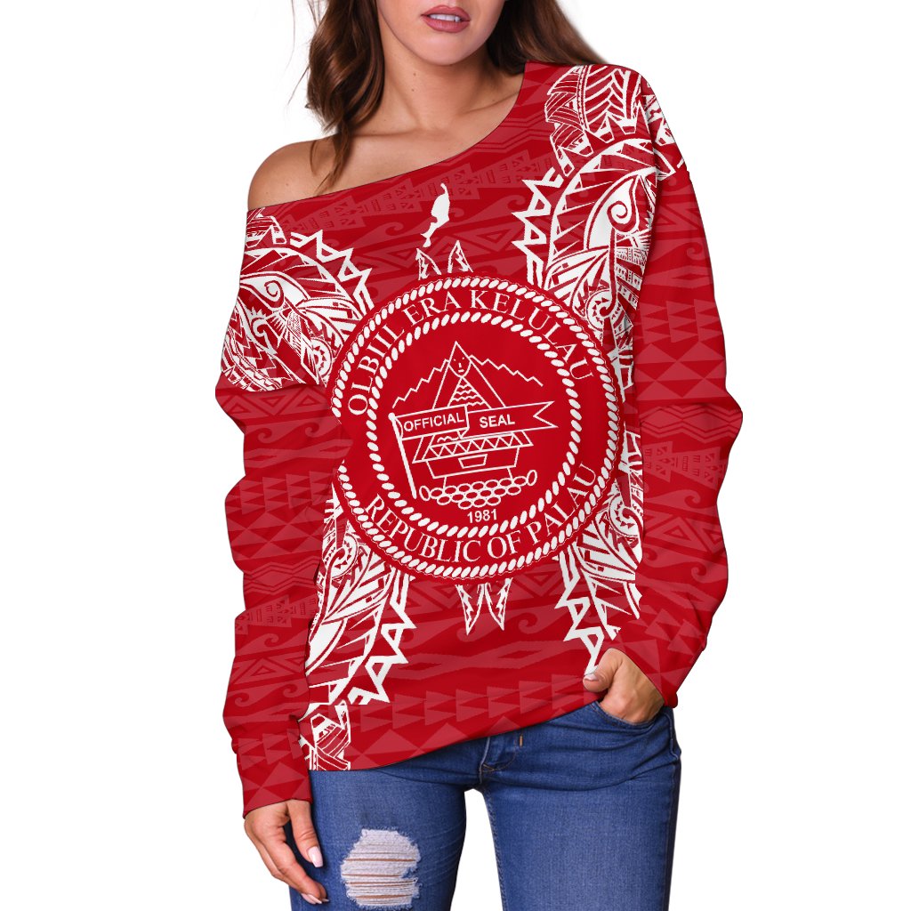 Palau Polynesian Shoulder Sweater Map Red White - Polynesian Pride