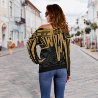 American Samoa Women's Off Should Sweater - Seal With Polynesian Pattern Heartbeat Style (Gold) - Polynesian Pride