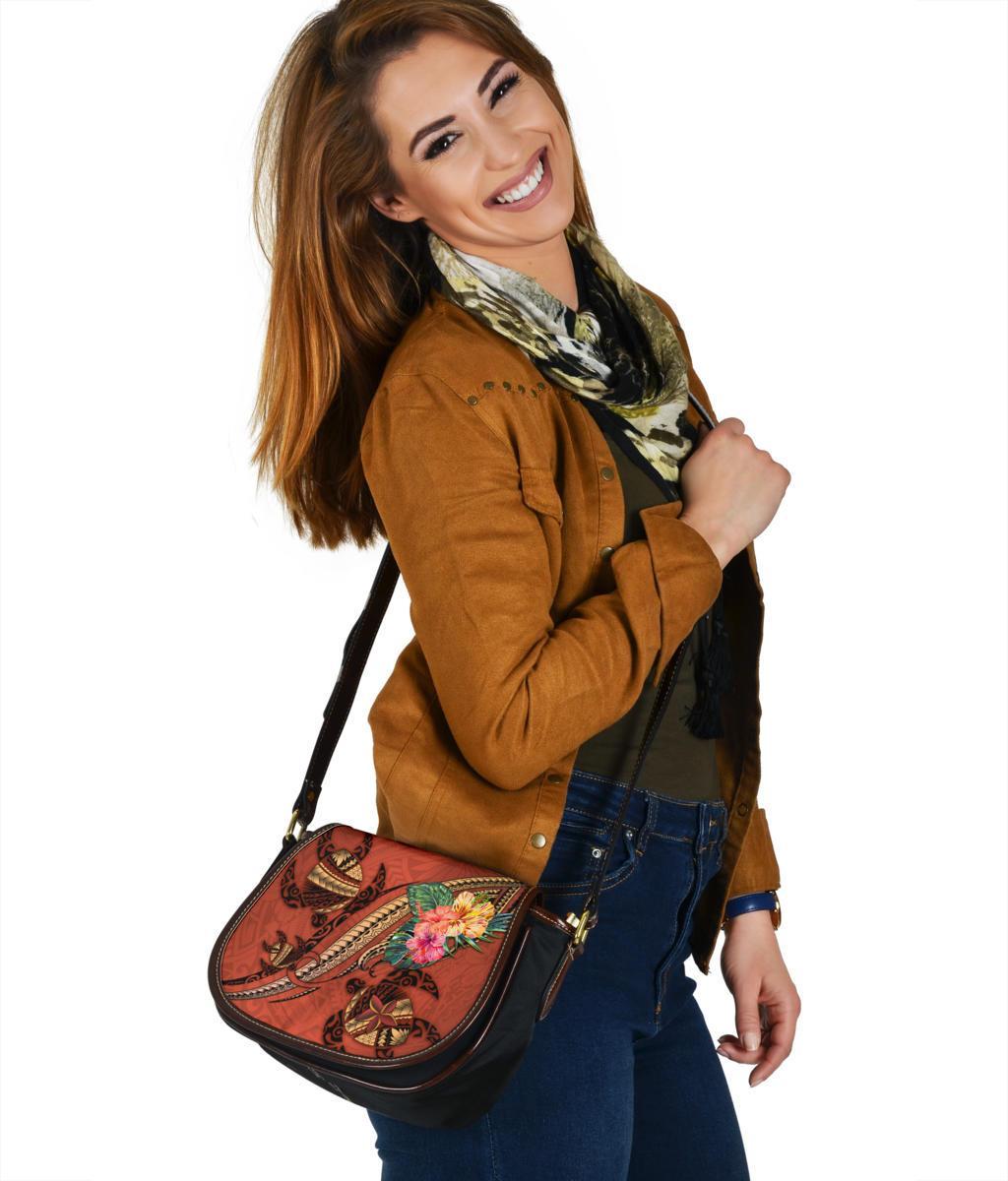 Polynesian Turtle Leather Saddle Bag - Tribal Tattoo with Hibiscus Coral - Polynesian Pride