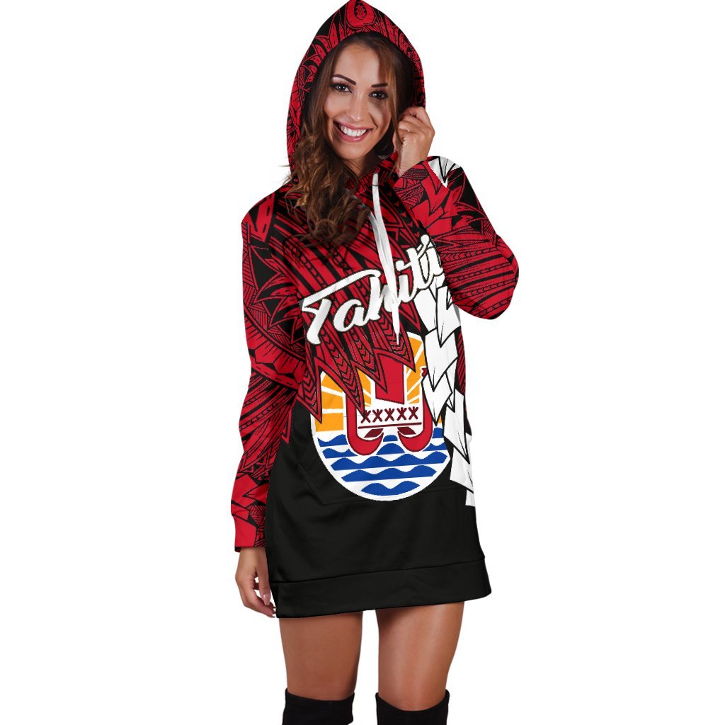 Tahiti Polynesian Hoodie Dress - Tribal Wave Tattoo Flag Style - Polynesian Pride