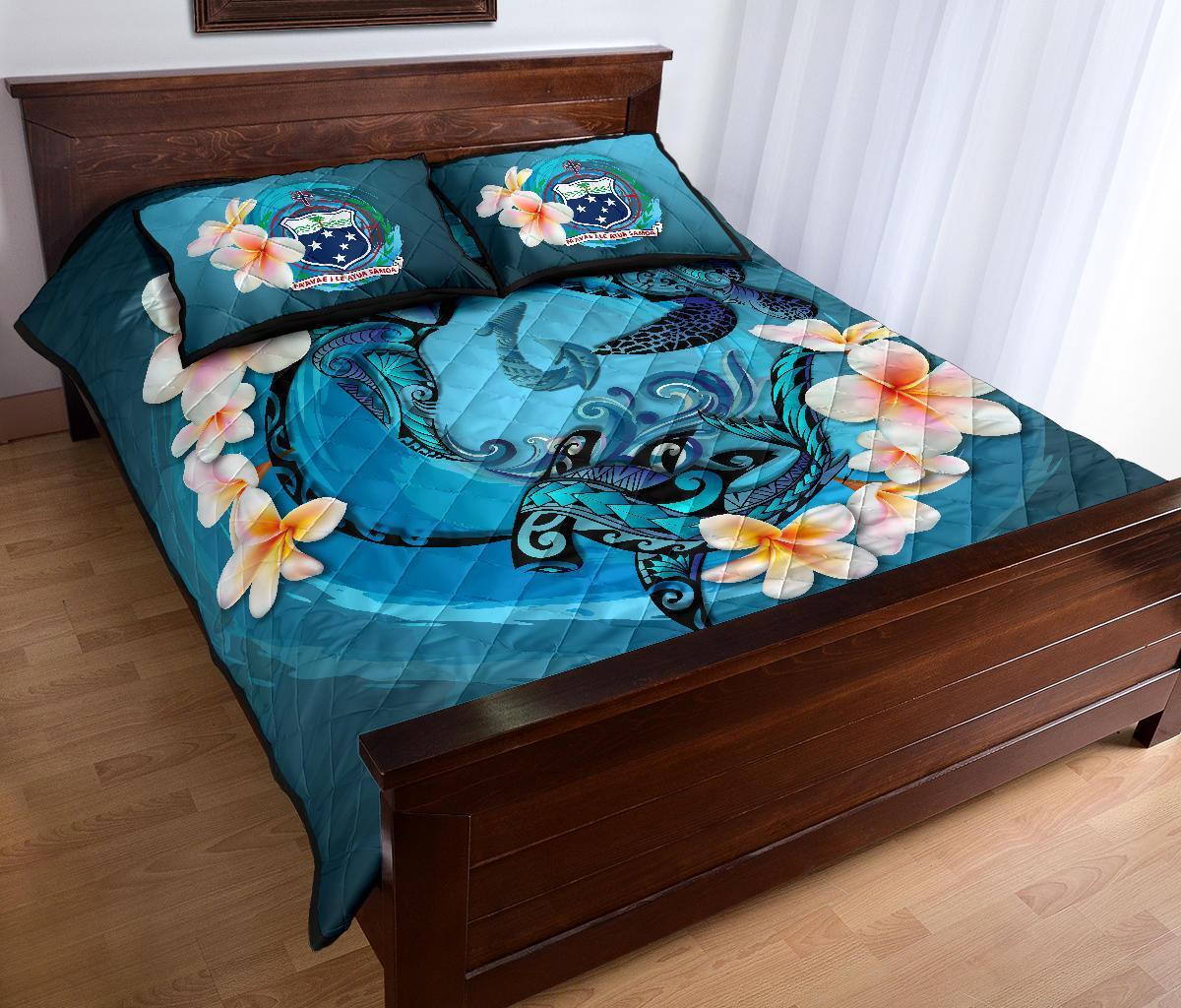 Samoa Polynesian Quilt Bed Set - Blue Plumeria Animal Tattoo - Polynesian Pride