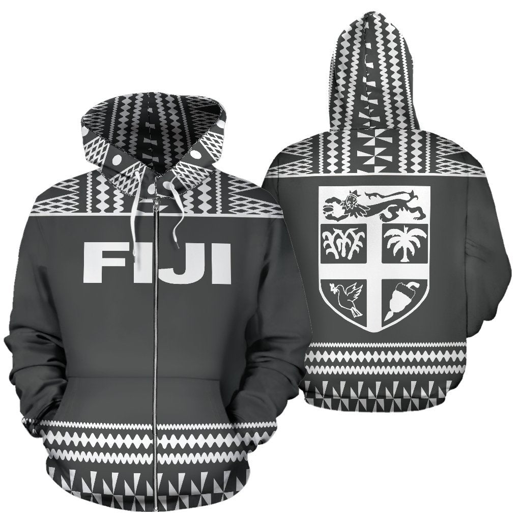 Fiji Tapa All Over Zip up Hoodie Grey and White Version Unisex Grey And White - Polynesian Pride
