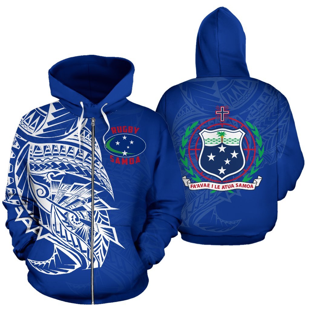 Samoa Rugby Zip up Hoodie Samoa Flag Rugby Coat of Arms Blue Unisex Blue - Polynesian Pride