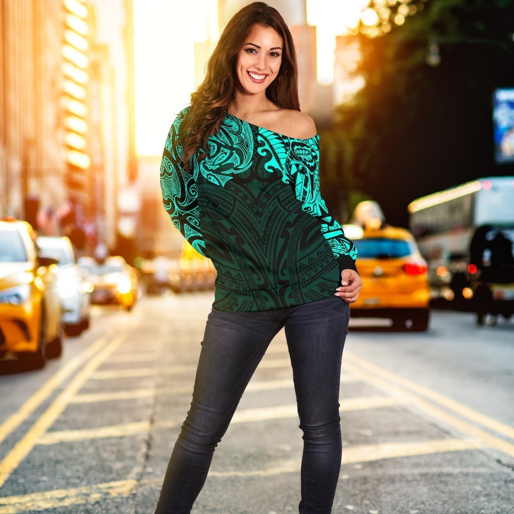 New Zealand Women's Off Shoulder Sweater, Maori Polynesian Tattoo Turquoise - Polynesian Pride