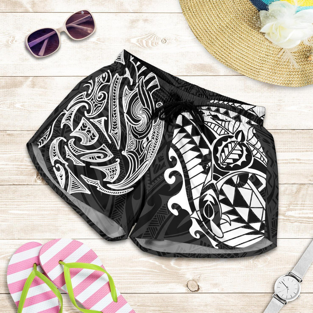 New Zealand All Over Print Women's Shorts, Maori Polynesian Tattoo White - Polynesian Pride