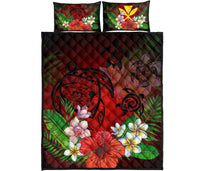 Hawaiian Map Hibiscus Plumeria Kanaka Bouquet Turtle Polynesian Quilt Bedding Set Red - Polynesian Pride
