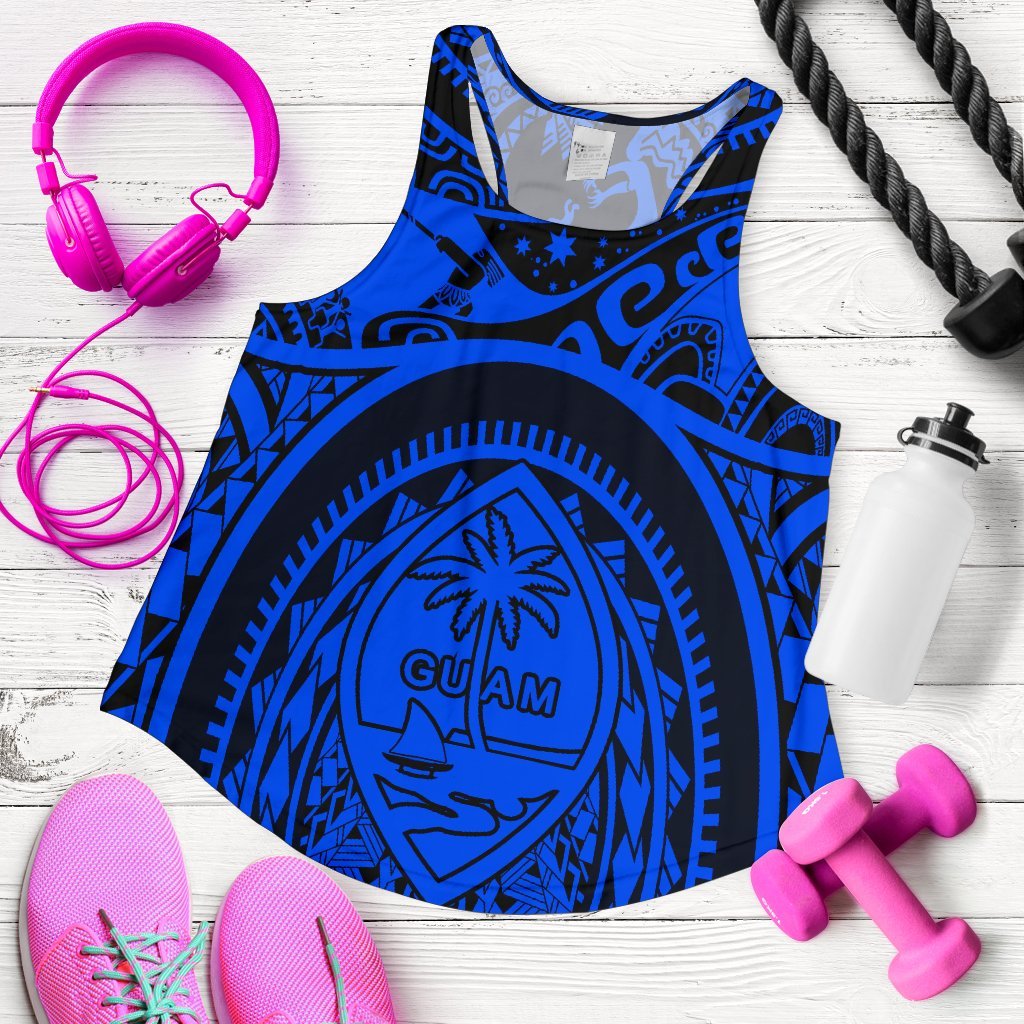 Polynesian Racerback Tanks - Guam Flag, Seal with Maui Moana Tattoo Blue - Polynesian Pride