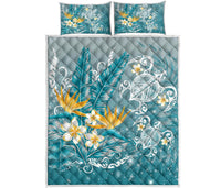 Hawaii Polynesian Turtles Plumeria Tropical Quilt Bed Set - Winter Style - AH Blue - Polynesian Pride