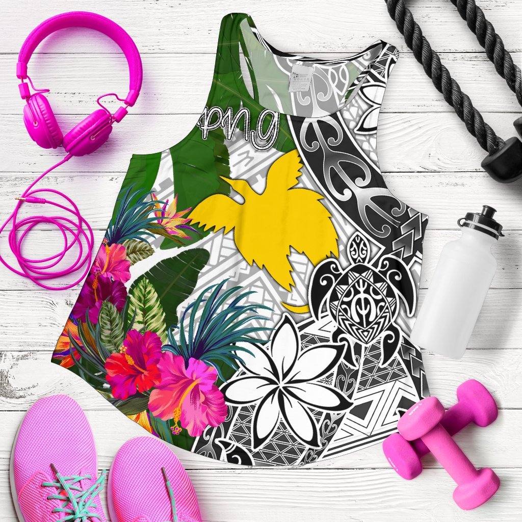 Papua New Guinea Women's Racerback Tank White - Turtle Plumeria Banana Leaf White - Polynesian Pride