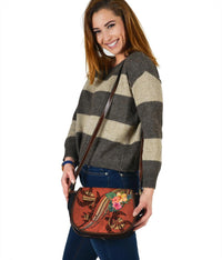 Polynesian Turtle Leather Saddle Bag - Tribal Tattoo with Hibiscus Coral - Polynesian Pride