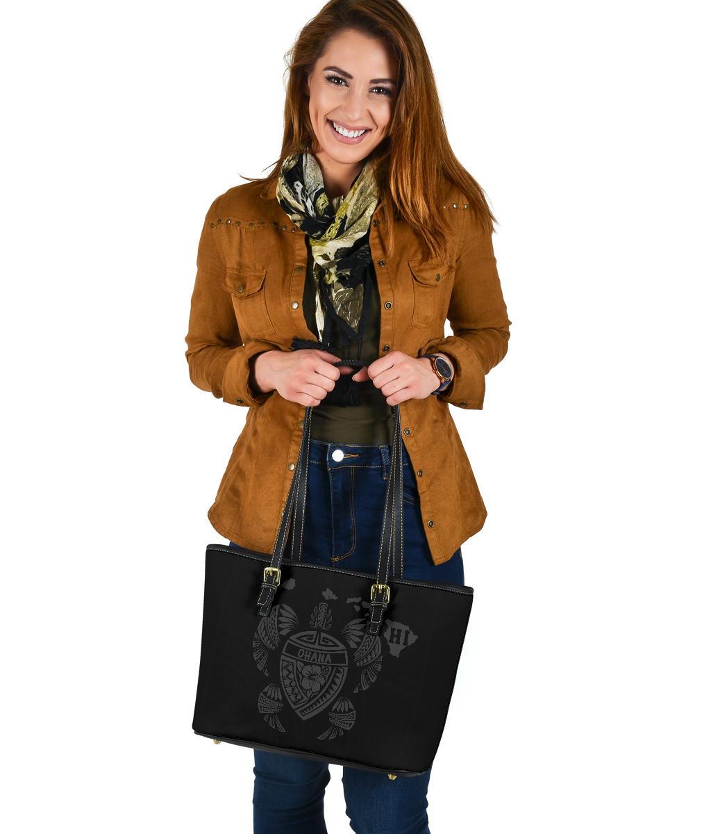 Hawaii Kakau Polynesian Ohana Turtle Map Small Leather Tote - Grey - Polynesian Pride