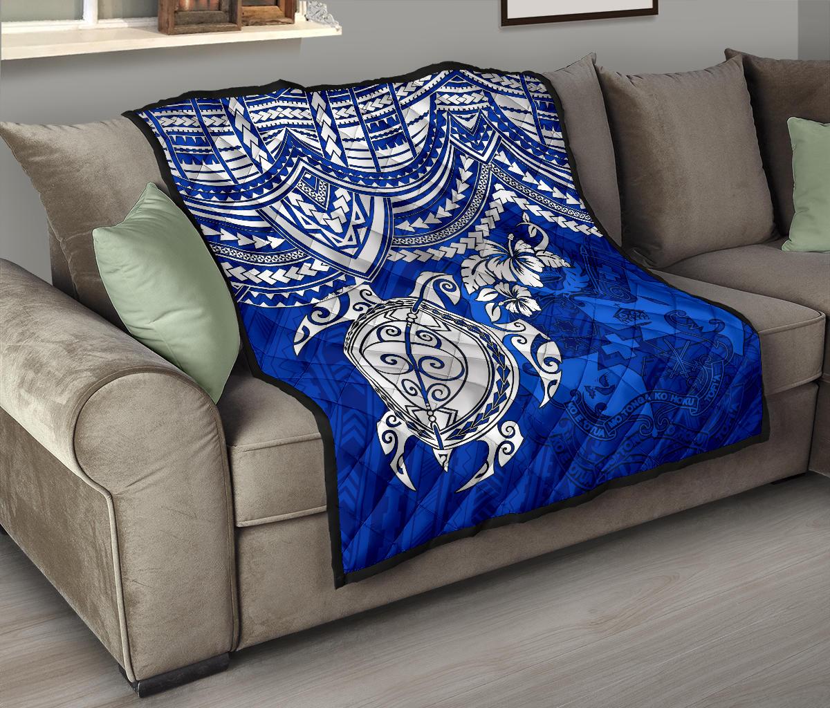 Tonga Polynesian Premium Quilts - Tonga Coat Of Arms & Blue Turtle Hibiscus BLUE - Polynesian Pride
