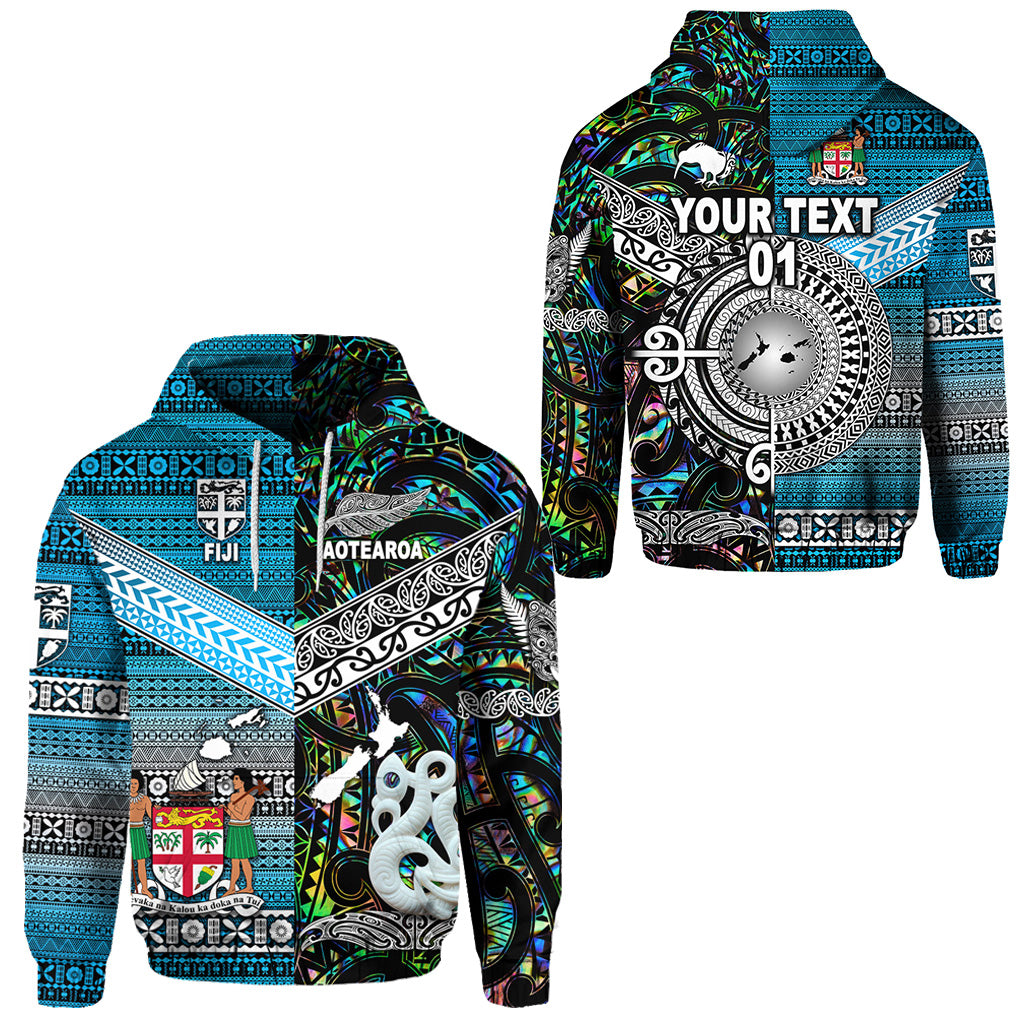 Custom New Zealand Fiji Hoodie Maori and Tapa Together Paua Shell, Custom Text and Number LT8 Blue - Polynesian Pride