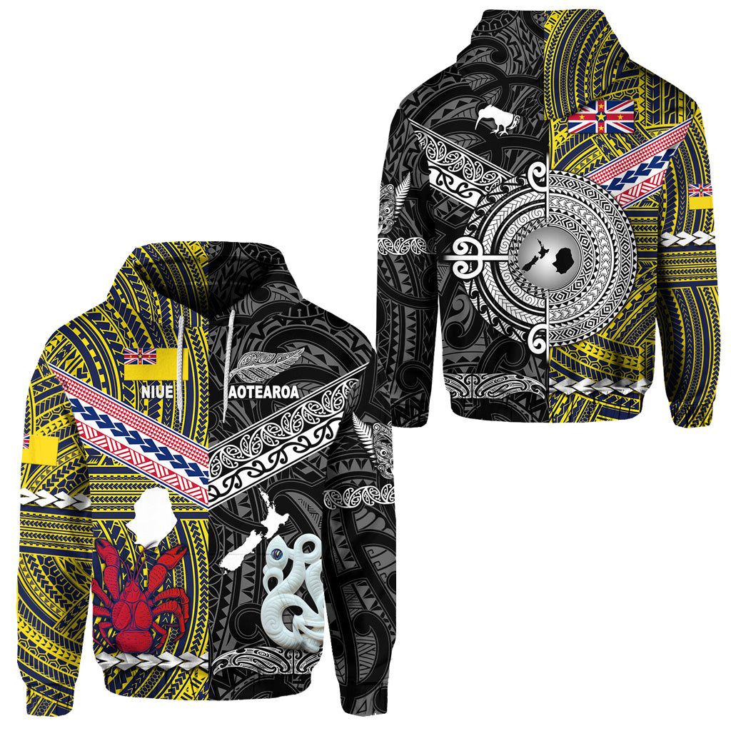 New Zealand Niue Hoodie Maori and Polynesian Together Black LT8 Yellow - Polynesian Pride